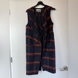 BCBGeneration Plaid Sleeveless Long Cardigan in Navy and Rust